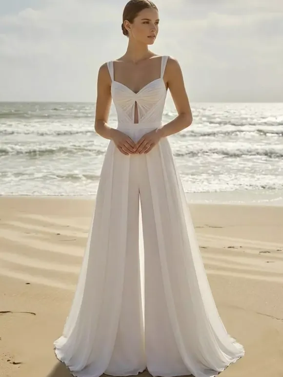 Bridal Jumpsuit 2 Pieces Chiffon Pleated With Train Jumpsuit Sweetheart Neck Sleeveless Natural Waist Ivory