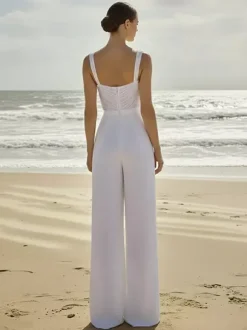 Bridal Jumpsuit 2 Pieces Chiffon Pleated With Train Jumpsuit Sweetheart Neck Sleeveless Natural Waist Ivory