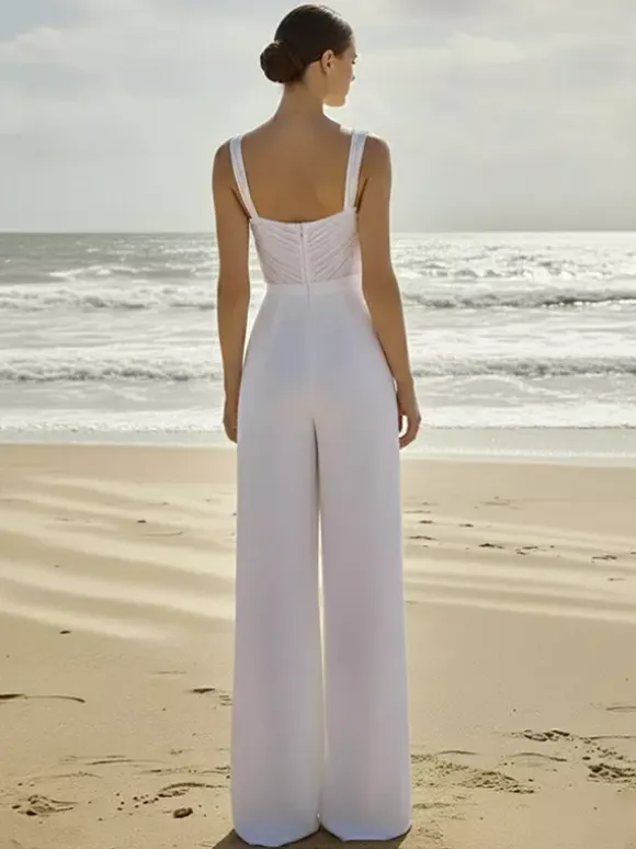 Bridal Jumpsuit 2 Pieces Chiffon Pleated With Train Jumpsuit Sweetheart Neck Sleeveless Natural Waist Ivory