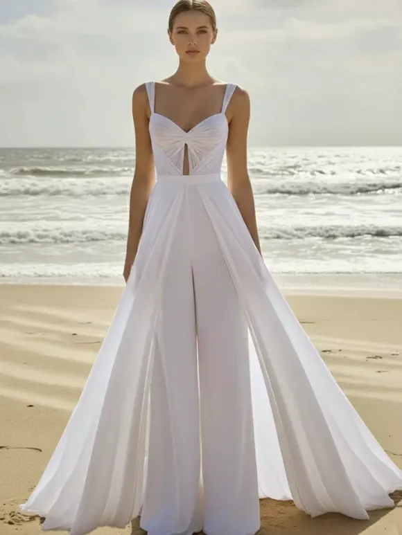 Bridal Jumpsuit 2 Pieces Chiffon Pleated With Train Jumpsuit Sweetheart Neck Sleeveless Natural Waist Ivory