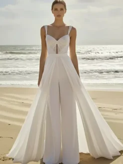 Bridal Jumpsuit 2 Pieces Chiffon Pleated With Train Jumpsuit Sweetheart Neck Sleeveless Natural Waist Ivory