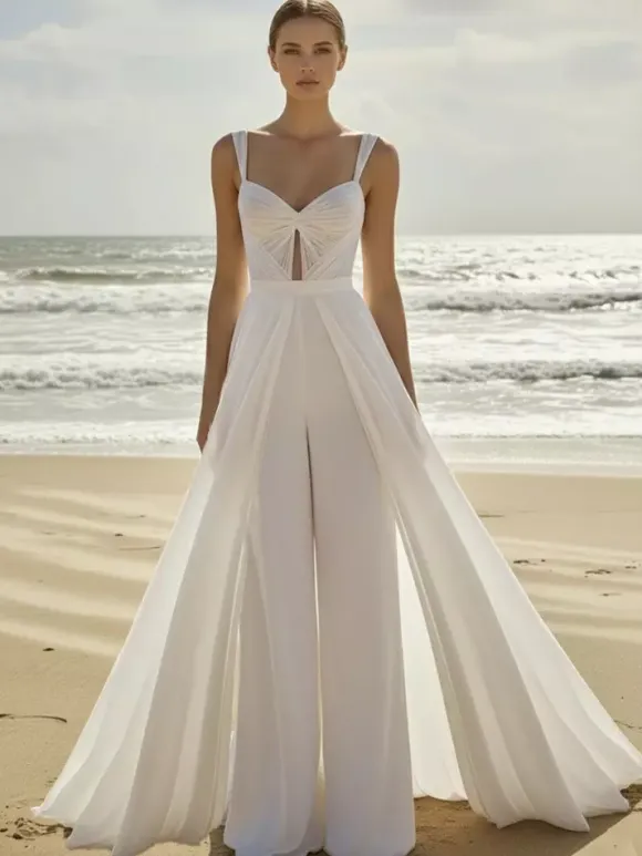 Bridal Jumpsuit 2 Pieces Chiffon Pleated With Train Jumpsuit Sweetheart Neck Sleeveless Natural Waist Ivory