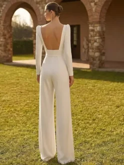 Bridal Jumpsuit 2 Pieces Stretch Crepe Bows With Train Jumpsuit Square Neck Long Sleeves Natural Waist Ivory