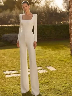Bridal Jumpsuit 2 Pieces Stretch Crepe Bows With Train Jumpsuit Square Neck Long Sleeves Natural Waist Ivory