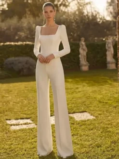 Bridal Jumpsuit 2 Pieces Stretch Crepe Bows With Train Jumpsuit Square Neck Long Sleeves Natural Waist Ivory