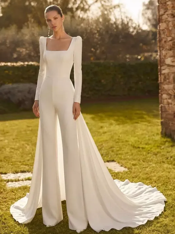 Bridal Jumpsuit 2 Pieces Stretch Crepe Bows With Train Jumpsuit Square Neck Long Sleeves Natural Waist Ivory