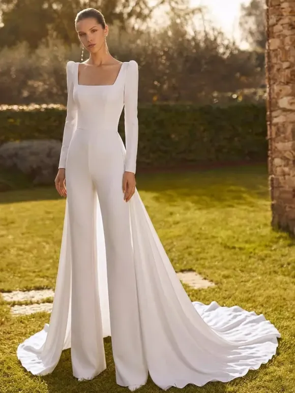 Bridal Jumpsuit 2 Pieces Stretch Crepe Bows With Train Jumpsuit Square Neck Long Sleeves Natural Waist Ivory