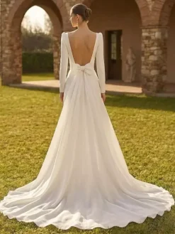 Bridal Jumpsuit 2 Pieces Stretch Crepe Bows With Train Jumpsuit Square Neck Long Sleeves Natural Waist Ivory
