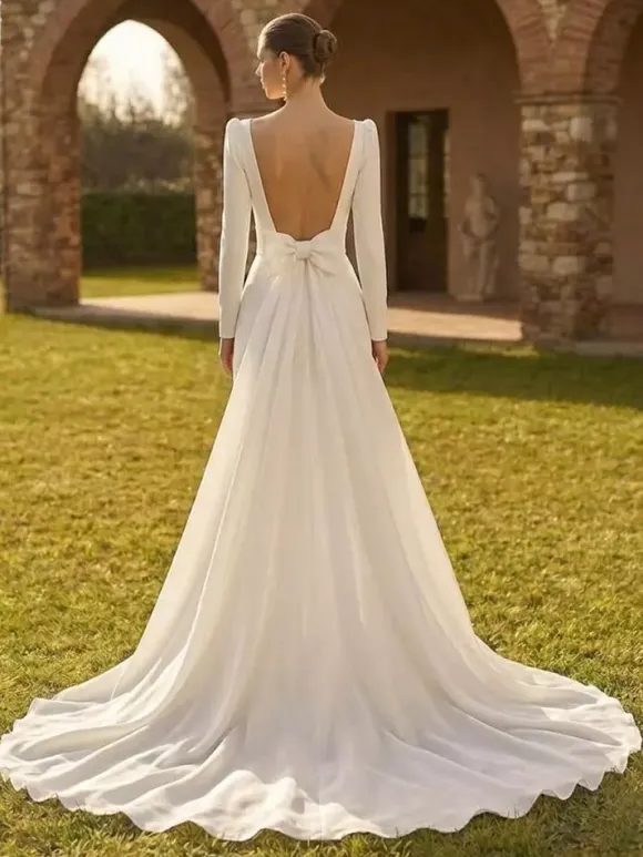Bridal Jumpsuit 2 Pieces Stretch Crepe Bows With Train Jumpsuit Square Neck Long Sleeves Natural Waist Ivory