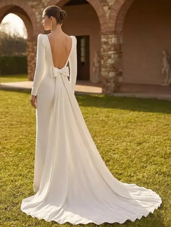 Bridal Jumpsuit 2 Pieces Stretch Crepe Bows With Train Jumpsuit Square Neck Long Sleeves Natural Waist Ivory