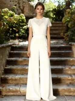 Bridal Jumpsuit 2 Pieces Wedding Dress Stretch Crepe Lace Floor-Length Jumpsuit V-Neck Short Sleeves Natural Waist White
