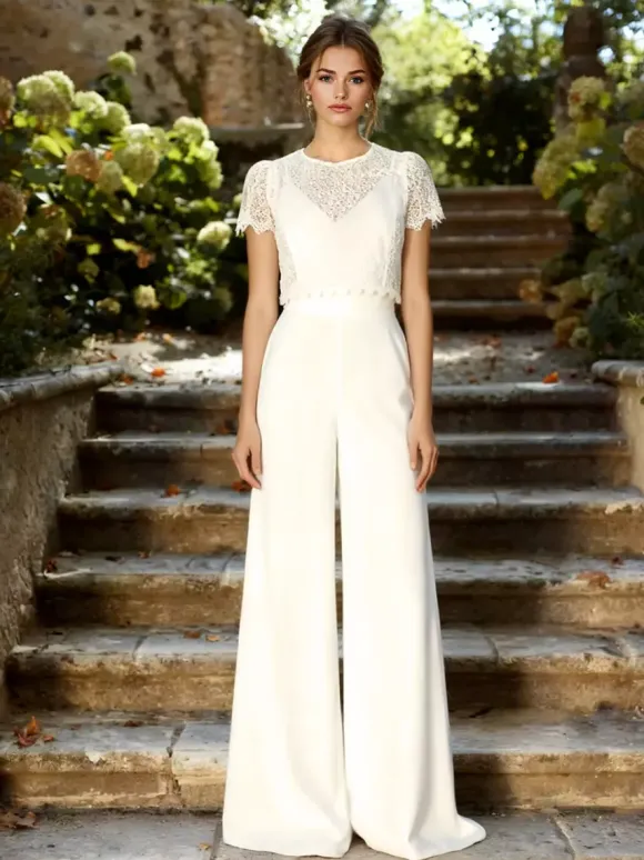 Bridal Jumpsuit 2 Pieces Wedding Dress Stretch Crepe Lace Floor-Length Jumpsuit V-Neck Short Sleeves Natural Waist White