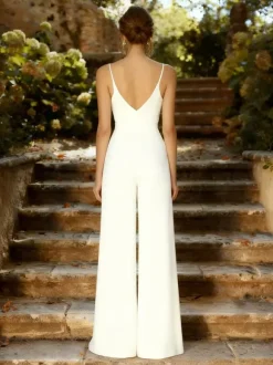Bridal Jumpsuit 2 Pieces Wedding Dress Stretch Crepe Lace Floor-Length Jumpsuit V-Neck Short Sleeves Natural Waist White