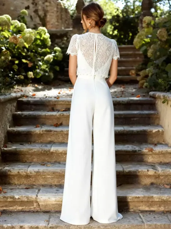 Bridal Jumpsuit 2 Pieces Wedding Dress Stretch Crepe Lace Floor-Length Jumpsuit V-Neck Short Sleeves Natural Waist White