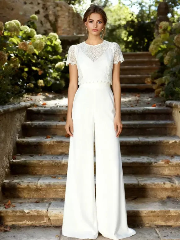 Bridal Jumpsuit 2 Pieces Wedding Dress Stretch Crepe Lace Floor-Length Jumpsuit V-Neck Short Sleeves Natural Waist White