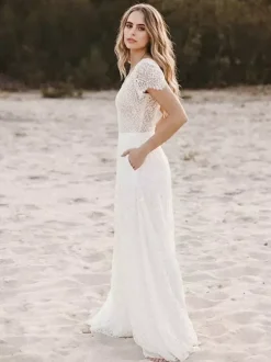 Bridal Jumpsuit Chiffon Cut Out Floor-Length Jumpsuit V-Neck Short Sleeves Natural Waist Ivory
