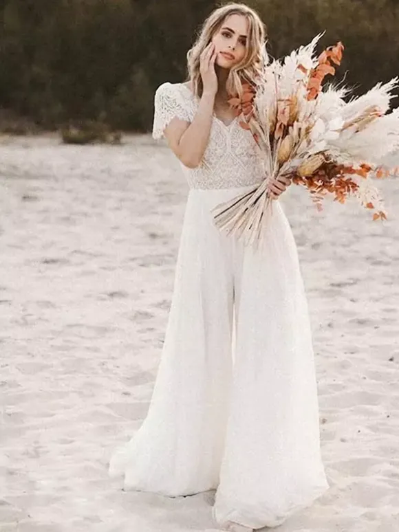Bridal Jumpsuit Chiffon Cut Out Floor-Length Jumpsuit V-Neck Short Sleeves Natural Waist Ivory