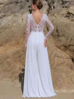 Bridal Jumpsuit Chiffon Lace Floor-Length Jumpsuit V-Neck Long Sleeves Natural Waist Ivory