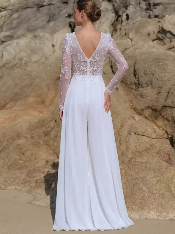 Bridal Jumpsuit Chiffon Lace Floor-Length Jumpsuit V-Neck Long Sleeves Natural Waist Ivory