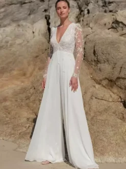 Bridal Jumpsuit Chiffon Lace Floor-Length Jumpsuit V-Neck Long Sleeves Natural Waist Ivory