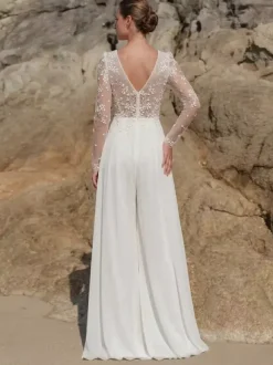 Bridal Jumpsuit Chiffon Lace Floor-Length Jumpsuit V-Neck Long Sleeves Natural Waist Ivory