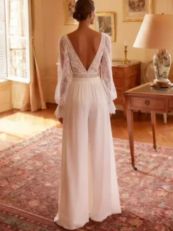 Bridal Jumpsuit Chiffon Lace With Train Two-piece Illusion Neckline Long Sleeves Natural Waist Ivory