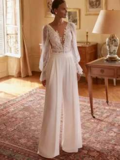 Bridal Jumpsuit Chiffon Lace With Train Two-piece Illusion Neckline Long Sleeves Natural Waist Ivory