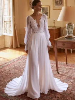 Bridal Jumpsuit Chiffon Lace With Train Two-piece Illusion Neckline Long Sleeves Natural Waist Ivory