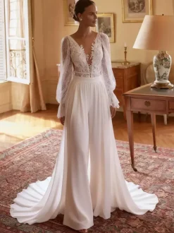 Bridal Jumpsuit Chiffon Lace With Train Two-piece Illusion Neckline Long Sleeves Natural Waist Ivory