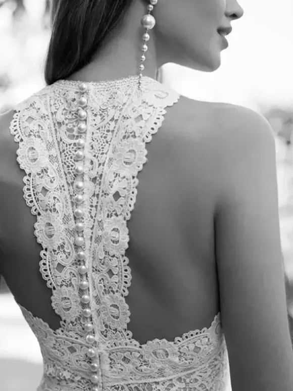 Bridal Jumpsuit Chiffon Lace Floor-Length Jumpsuit Designed Neckline Sleeveless Natural Waist White