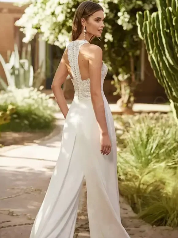 Bridal Jumpsuit Chiffon Lace Floor-Length Jumpsuit Designed Neckline Sleeveless Natural Waist White