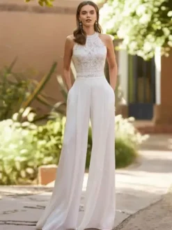 Bridal Jumpsuit Chiffon Lace Floor-Length Jumpsuit Designed Neckline Sleeveless Natural Waist White