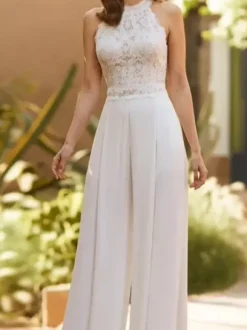 Bridal Jumpsuit Chiffon Lace Floor-Length Jumpsuit Designed Neckline Sleeveless Natural Waist White