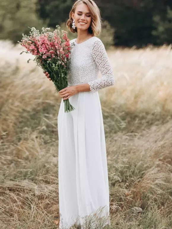 Bridal Jumpsuit Chiffon Lace Floor-Length Jumpsuit Jewel Neck Long Sleeves Natural Waist Ivory