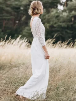Bridal Jumpsuit Chiffon Lace Floor-Length Jumpsuit Jewel Neck Long Sleeves Natural Waist Ivory