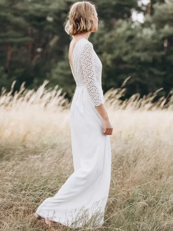 Bridal Jumpsuit Chiffon Lace Floor-Length Jumpsuit Jewel Neck Long Sleeves Natural Waist Ivory