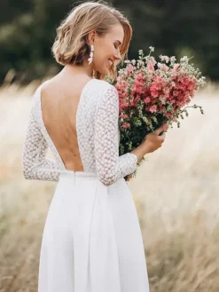 Bridal Jumpsuit Chiffon Lace Floor-Length Jumpsuit Jewel Neck Long Sleeves Natural Waist Ivory