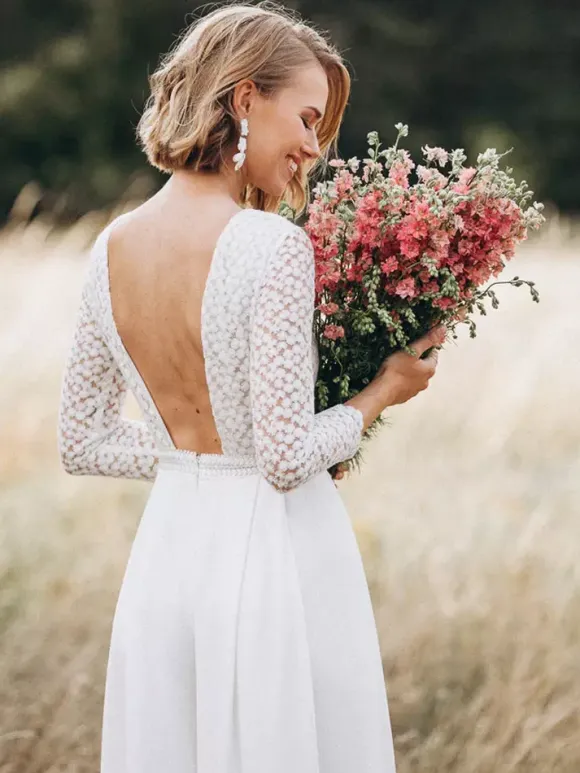 Bridal Jumpsuit Chiffon Lace Floor-Length Jumpsuit Jewel Neck Long Sleeves Natural Waist Ivory