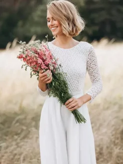 Bridal Jumpsuit Chiffon Lace Floor-Length Jumpsuit Jewel Neck Long Sleeves Natural Waist Ivory