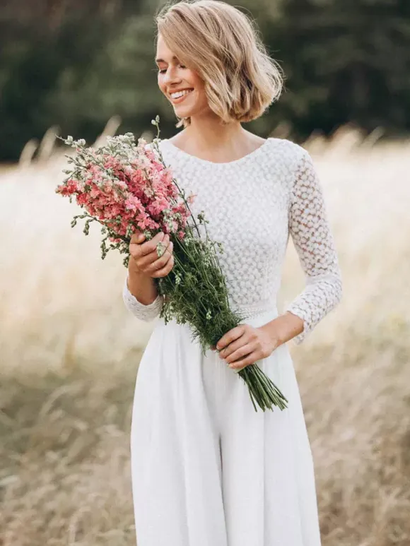 Bridal Jumpsuit Chiffon Lace Floor-Length Jumpsuit Jewel Neck Long Sleeves Natural Waist Ivory