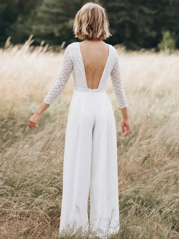 Bridal Jumpsuit Chiffon Lace Floor-Length Jumpsuit Jewel Neck Long Sleeves Natural Waist Ivory