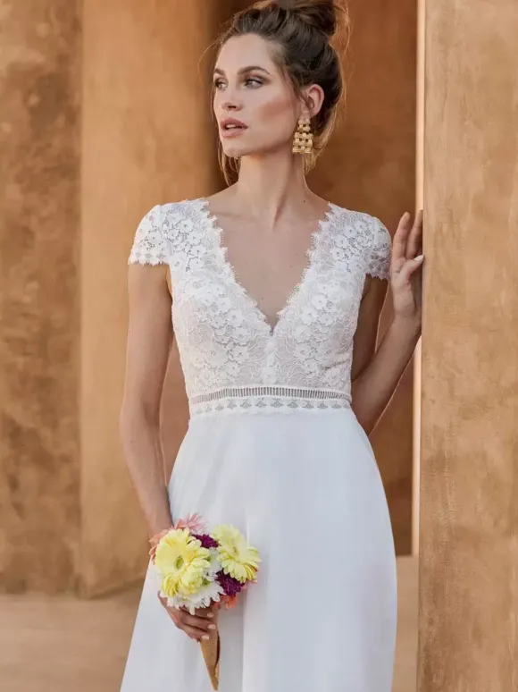 Bridal Jumpsuit Chiffon Lace Floor-Length Jumpsuit V-Neck Short Sleeves Natural Waist White