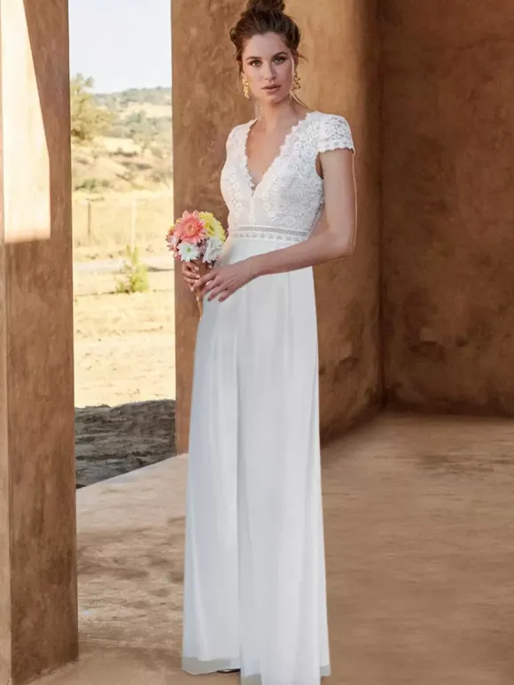 Bridal Jumpsuit Chiffon Lace Floor-Length Jumpsuit V-Neck Short Sleeves Natural Waist White
