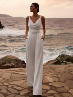 Bridal Jumpsuit Chiffon Ruffles Floor-Length Jumpsuit Designed Neckline Sleeveless Natural Waist 2 Pieces