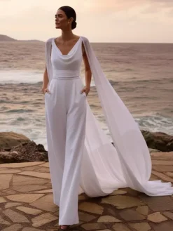 Bridal Jumpsuit Chiffon Ruffles Floor-Length Jumpsuit Designed Neckline Sleeveless Natural Waist 2 Pieces
