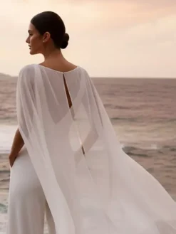 Bridal Jumpsuit Chiffon Ruffles Floor-Length Jumpsuit Designed Neckline Sleeveless Natural Waist 2 Pieces