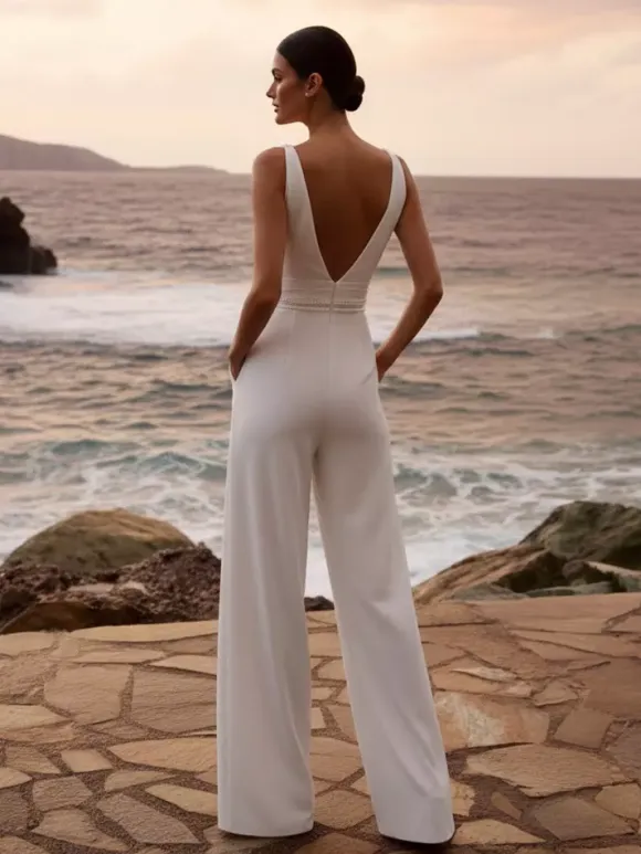 Bridal Jumpsuit Chiffon Ruffles Floor-Length Jumpsuit Designed Neckline Sleeveless Natural Waist 2 Pieces