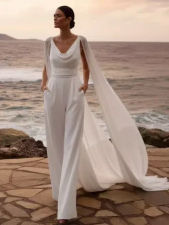 Bridal Jumpsuit Chiffon Ruffles Floor-Length Jumpsuit Designed Neckline Sleeveless Natural Waist 2 Pieces