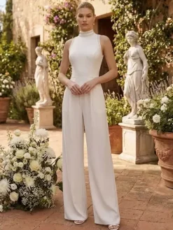 Bridal Jumpsuit Halter Neck Stretch Crepe Lace Floor-Length Jumpsuit Sleeveless Civil Bridal Dress