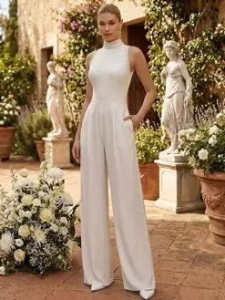 Bridal Jumpsuit Halter Neck Stretch Crepe Lace Floor-Length Jumpsuit Sleeveless Civil Bridal Dress